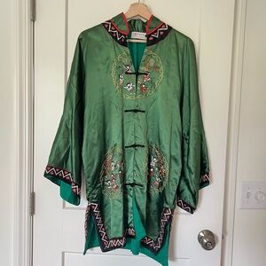 Vintage Chinese Embroidered Silken Kimono Jacket Green Satin Robe 👘